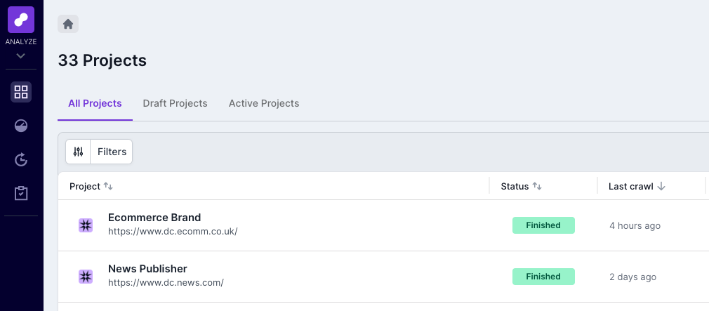 Screenshot of Lumar Analyze showing the all projects view.