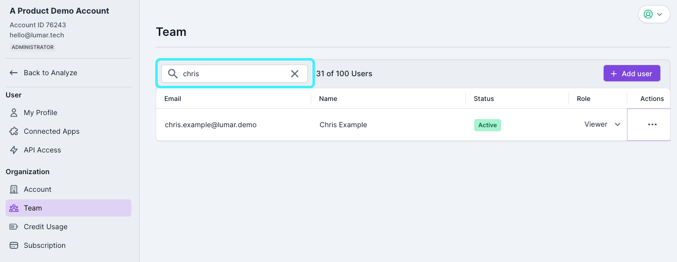 Screenshot of Lumar's admin area, showing the ability to search for users of the Lumar platform.