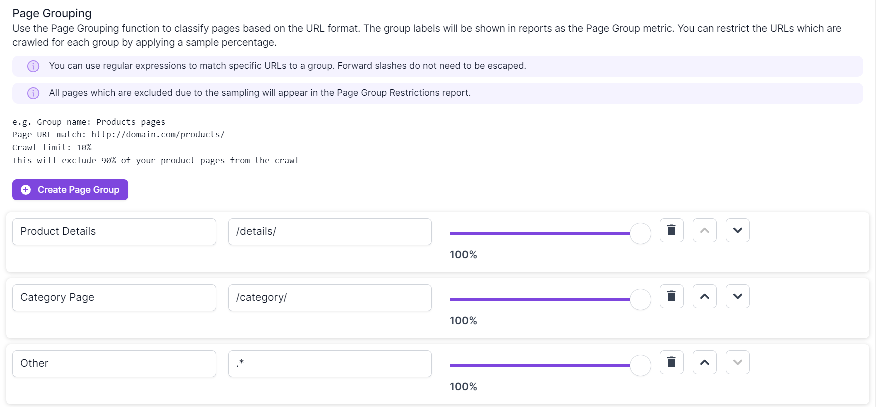Screenshot of the Page Grouping options in URL scope, in advanced settings under step 4 of the crawl setup. This shows two groups that have been setup - product details and category pages. The screenshot also shows page samping options as well as controls to move the different rules up and down, and delete. 