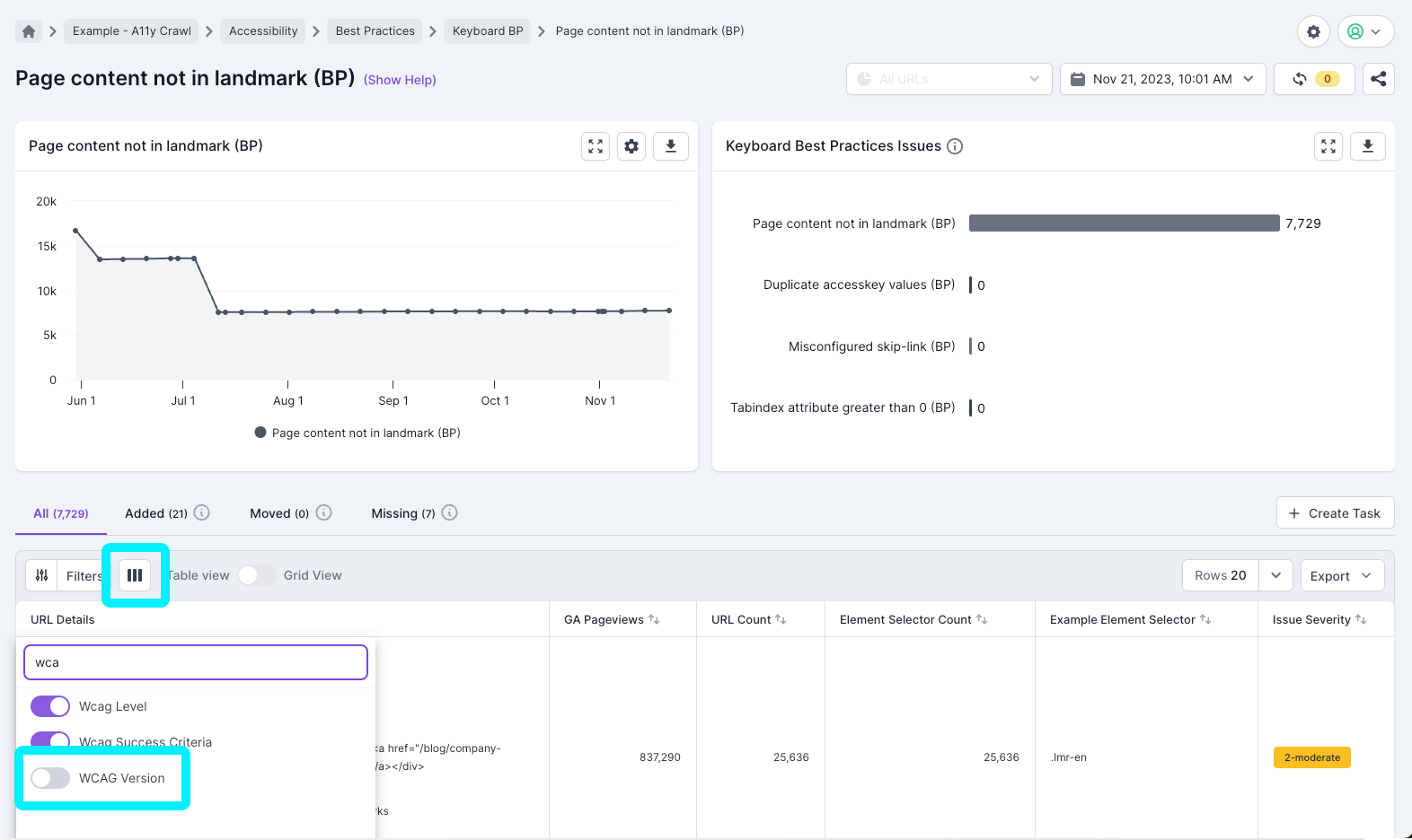Screenshot of a Lumar Analyze report showing the option to add WCAG Version as a column in the report table.