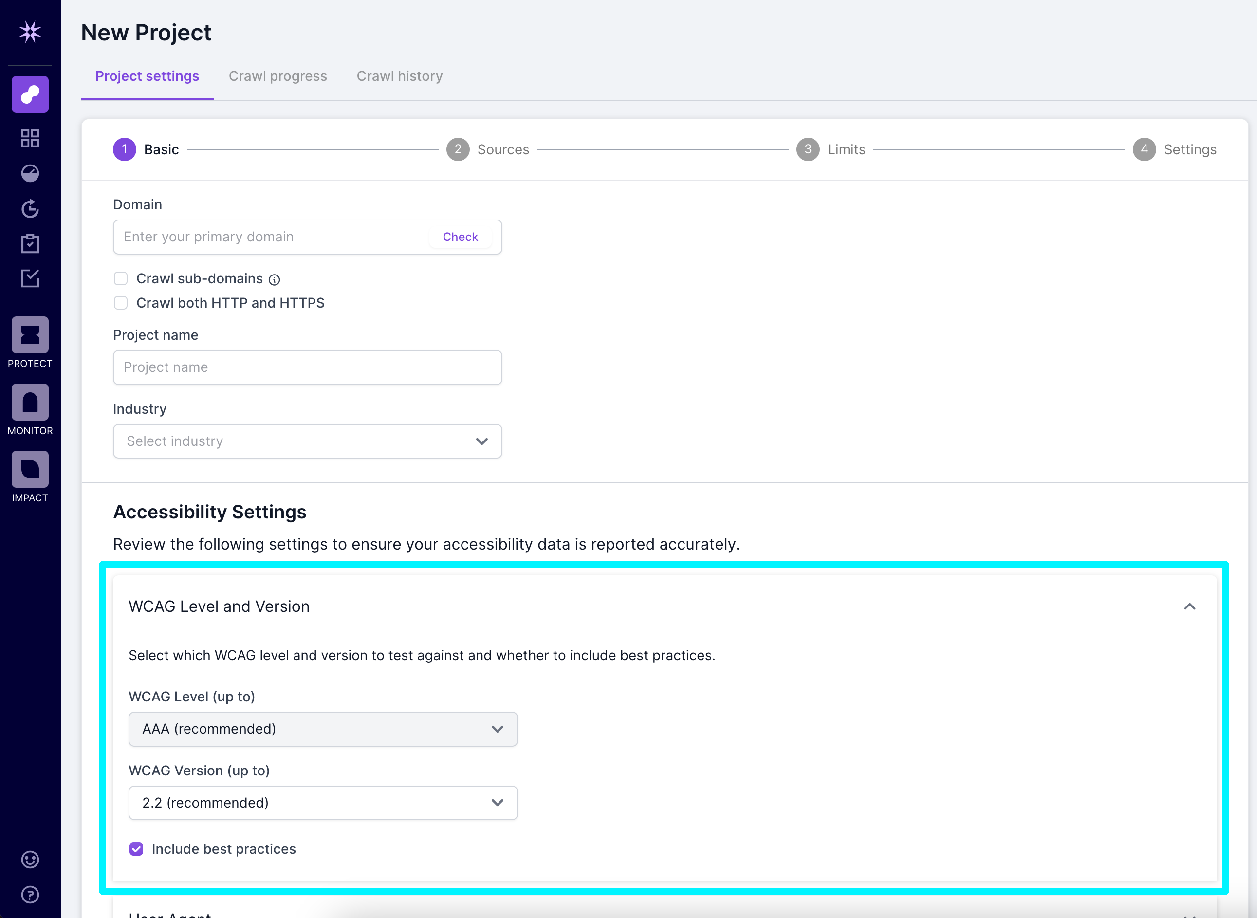 Screenshot showing step 1 of the crawl setup process, with the option to choose WCAG level and version highlighted. This shows WCAG Level AAA and Version 2.2 selected, and the checkbox to include best practices checked.