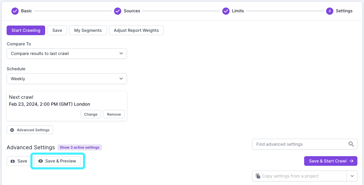 Screenshot of step 4 of the Lumar crawl setup process, with the 'Save and Preview' button highlighted at the bottom of the screen, in Advanced Settings.