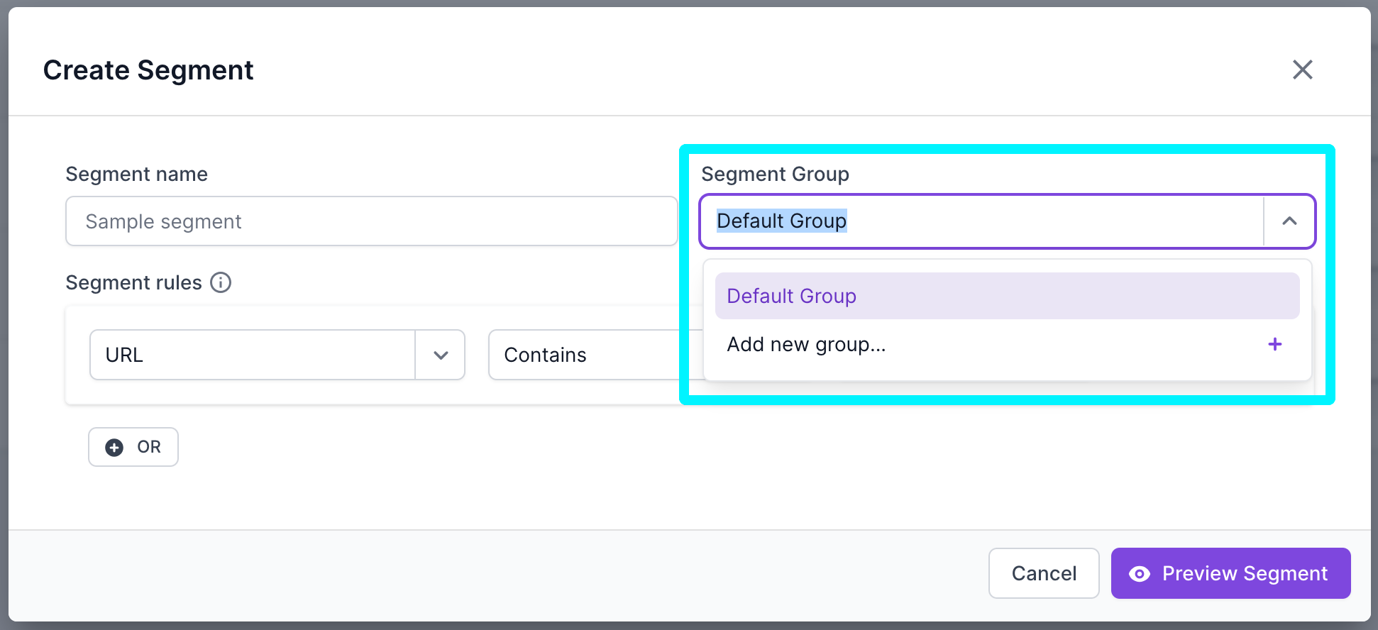 Screenshot of the Lumar Analyze create segment modal, with the Segment Group option highlighted, and showing a dropdown with the options of Default Group or Add New Group.