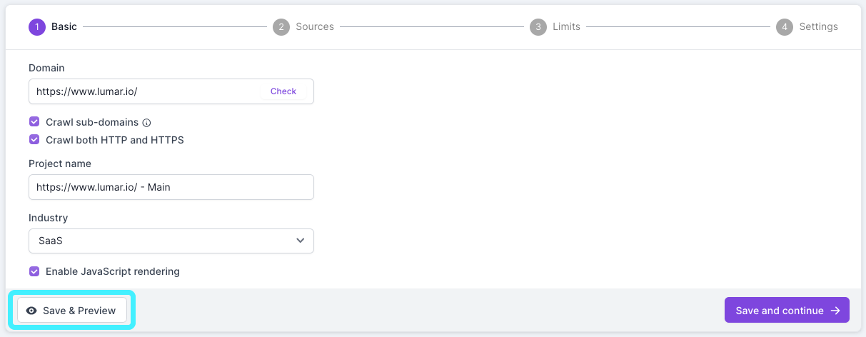 Screenshot of Step 1 of the Lumar crawl setup, with the preview button highlighted.