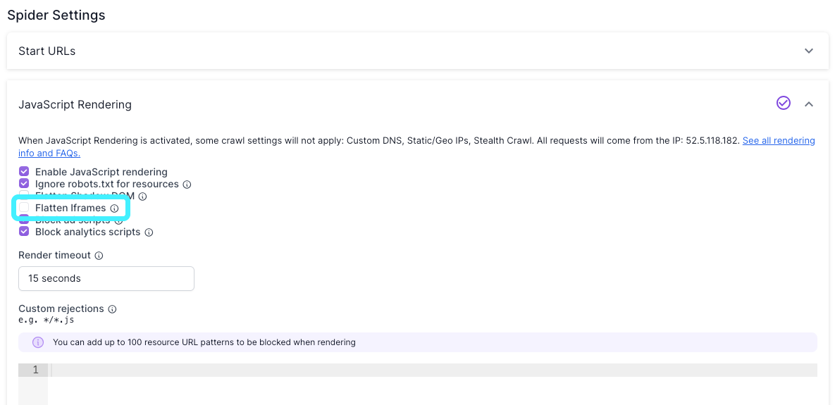 Screenshot of the JavaScript Rendering settings under Spider Settings in the Advanced Settings of step 4 of the crawl setup, with the Flatten Iframes option highlighted, but unchecked. 