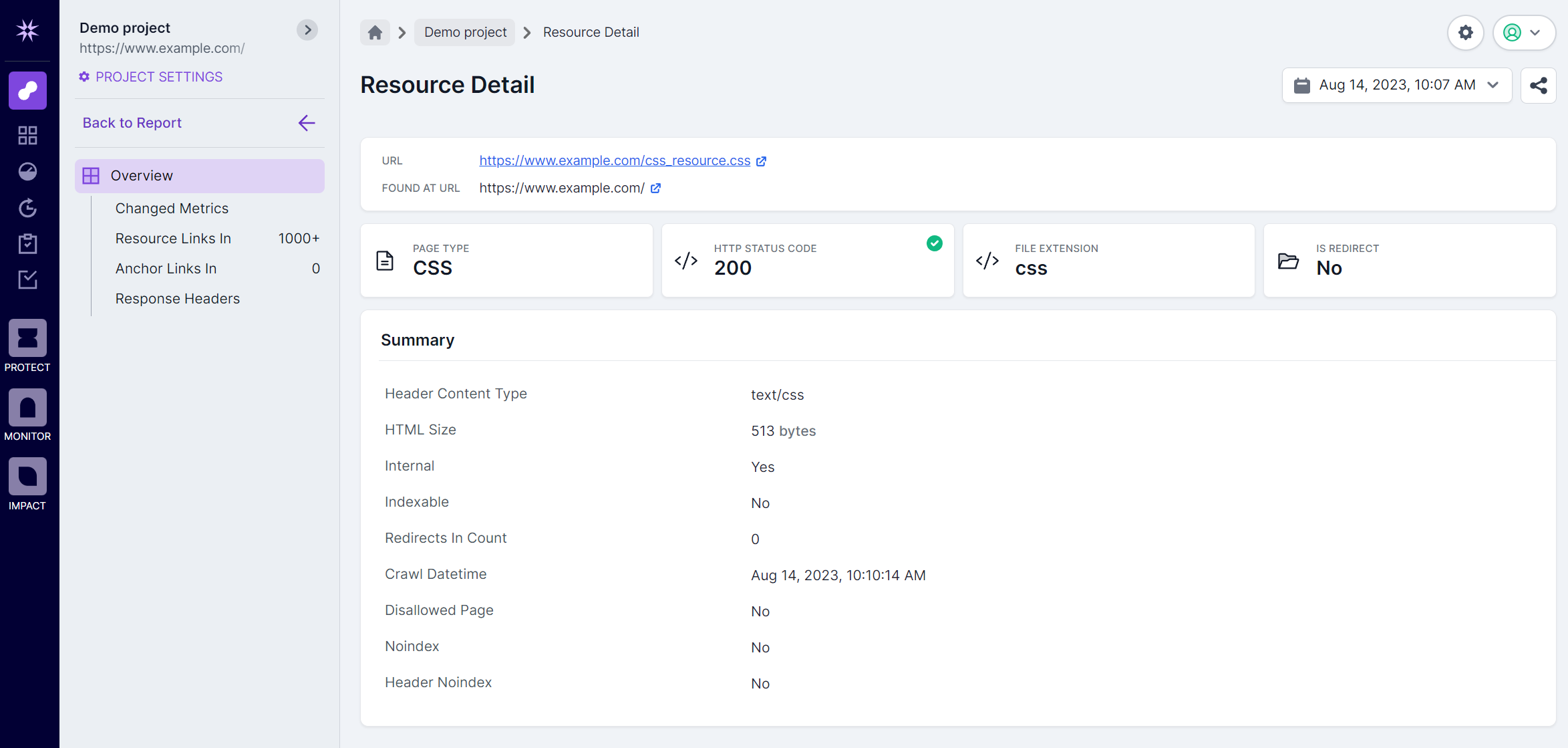 Screenshot of Lumar Analyze, showing the Resource Details page for a CSS resource.