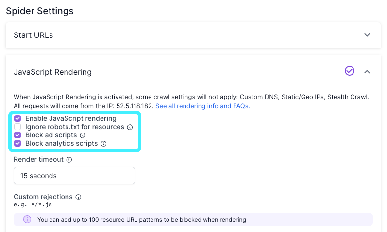 Screenshot of Advanced Settings in step 4 of the crawl setup, showing the options for JavaScript Rendering, with the block ad scripts option checked.