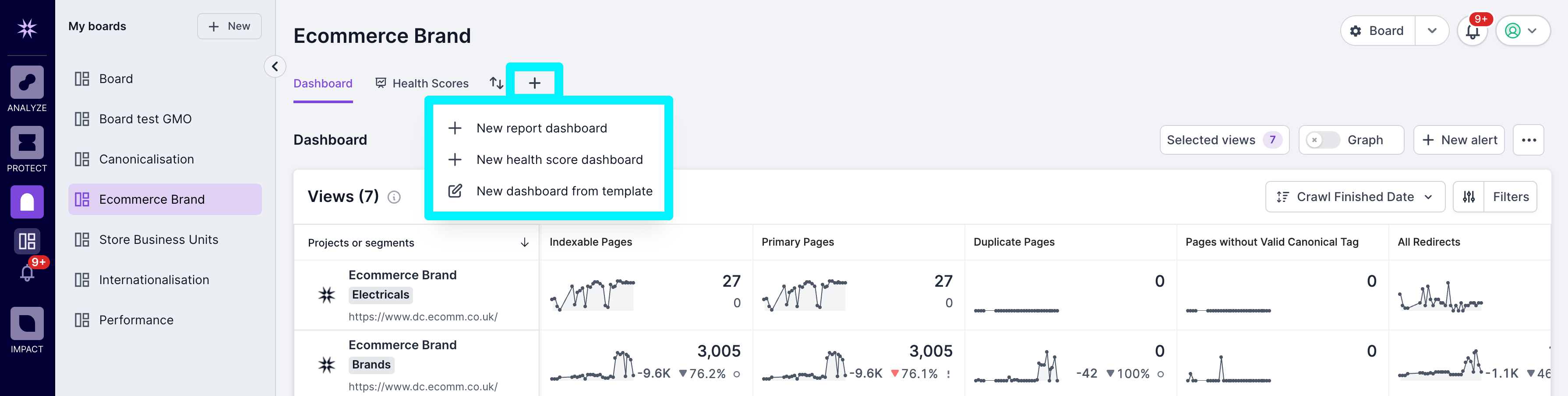 Screenshot of Lumar Monitor with the option to create a new health score dashboard highlighted. 