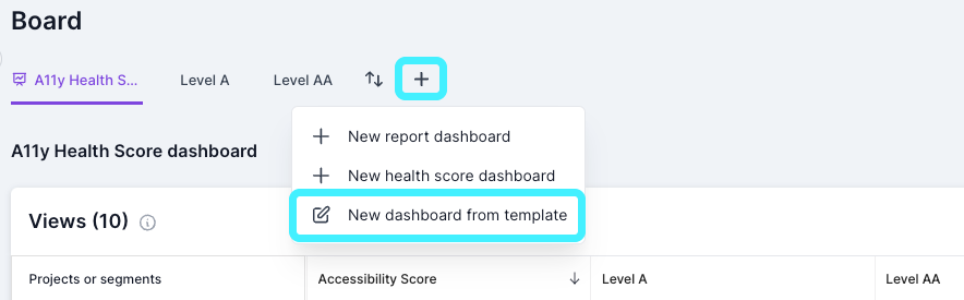 Screenshot of the Lumar Monitor dashboard showing the option to add a new board and create a new dashboard from template highlighted.