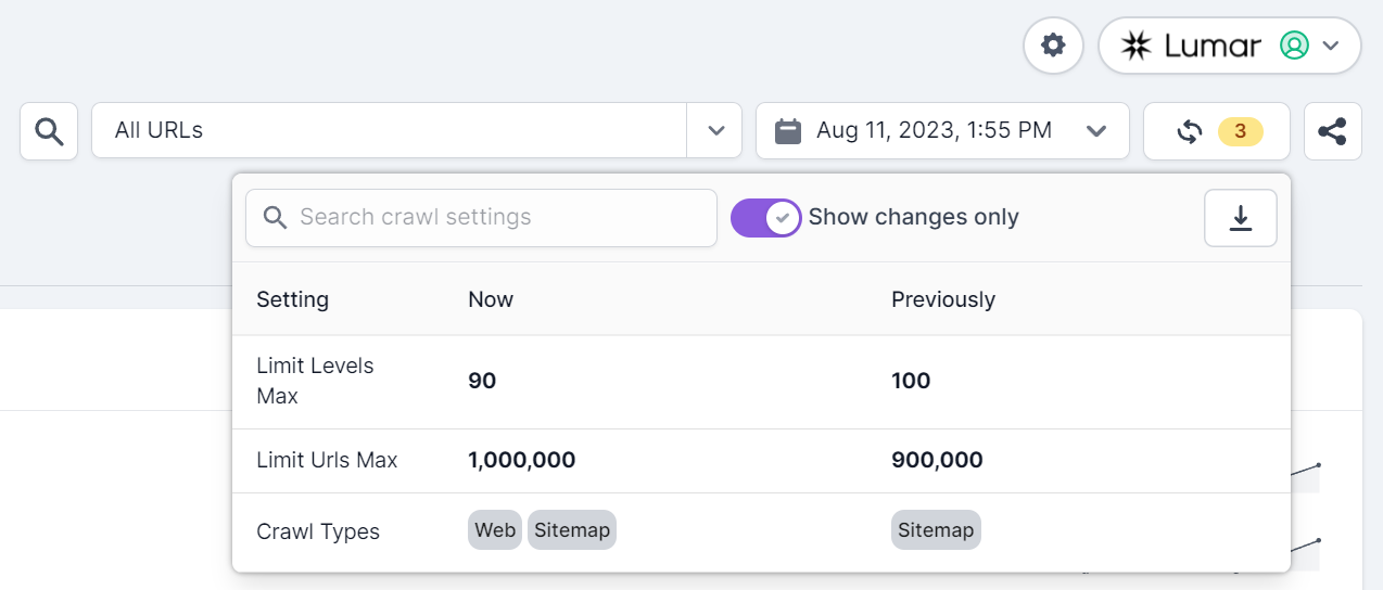 Screenshot of the Lumar app showing the crawl settings modal with a search box and download option