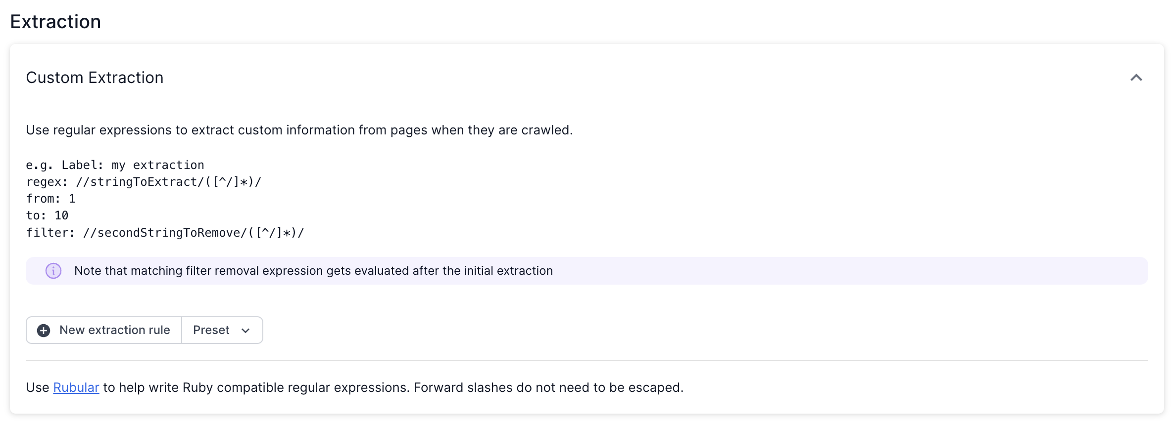 Screenshot of the advanced settings in step for of the crawl setup, showing the Custom Extraction section.
