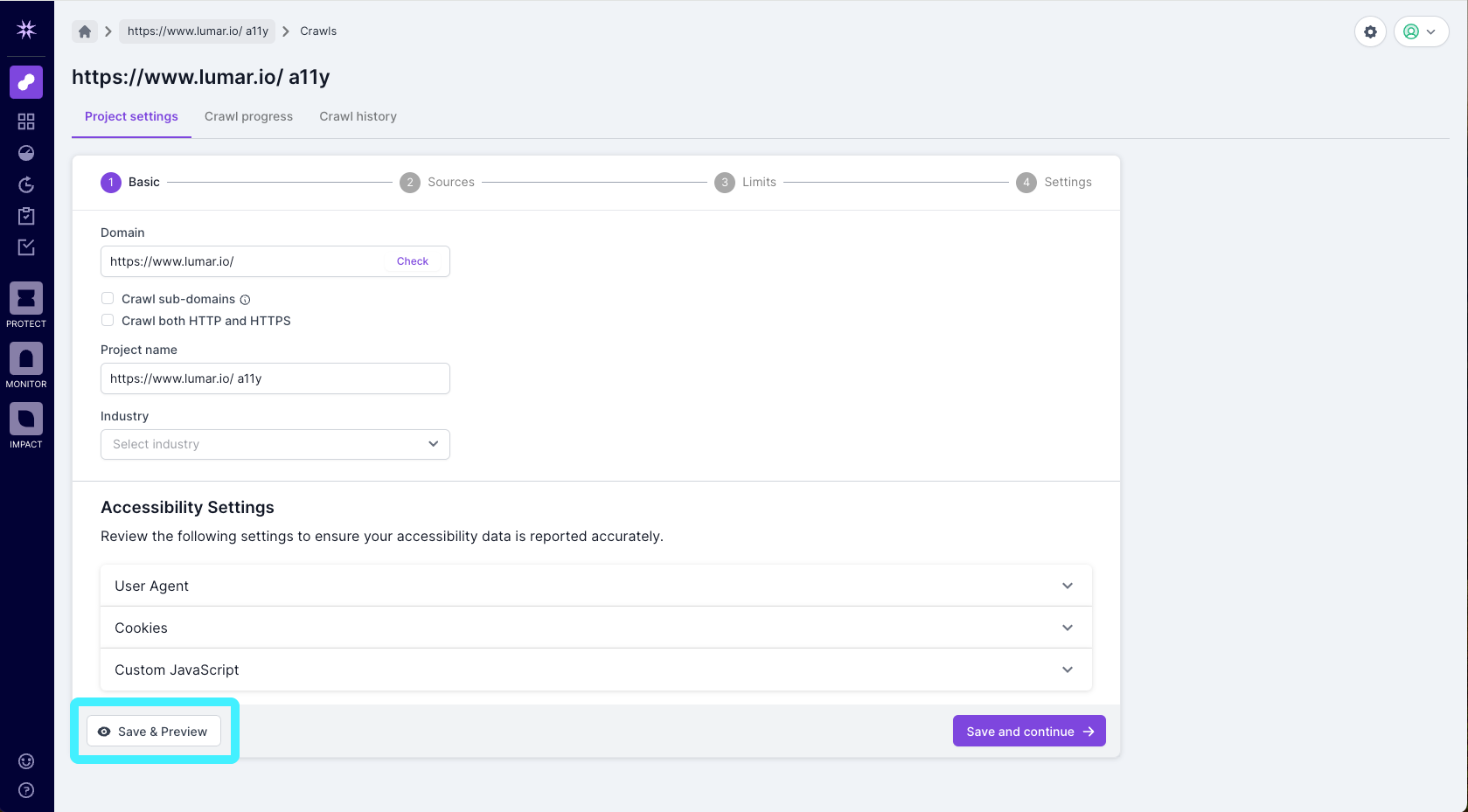 Screenshot of Step 1 of the Lumar crawl setup, with the save and preview button highlighted.