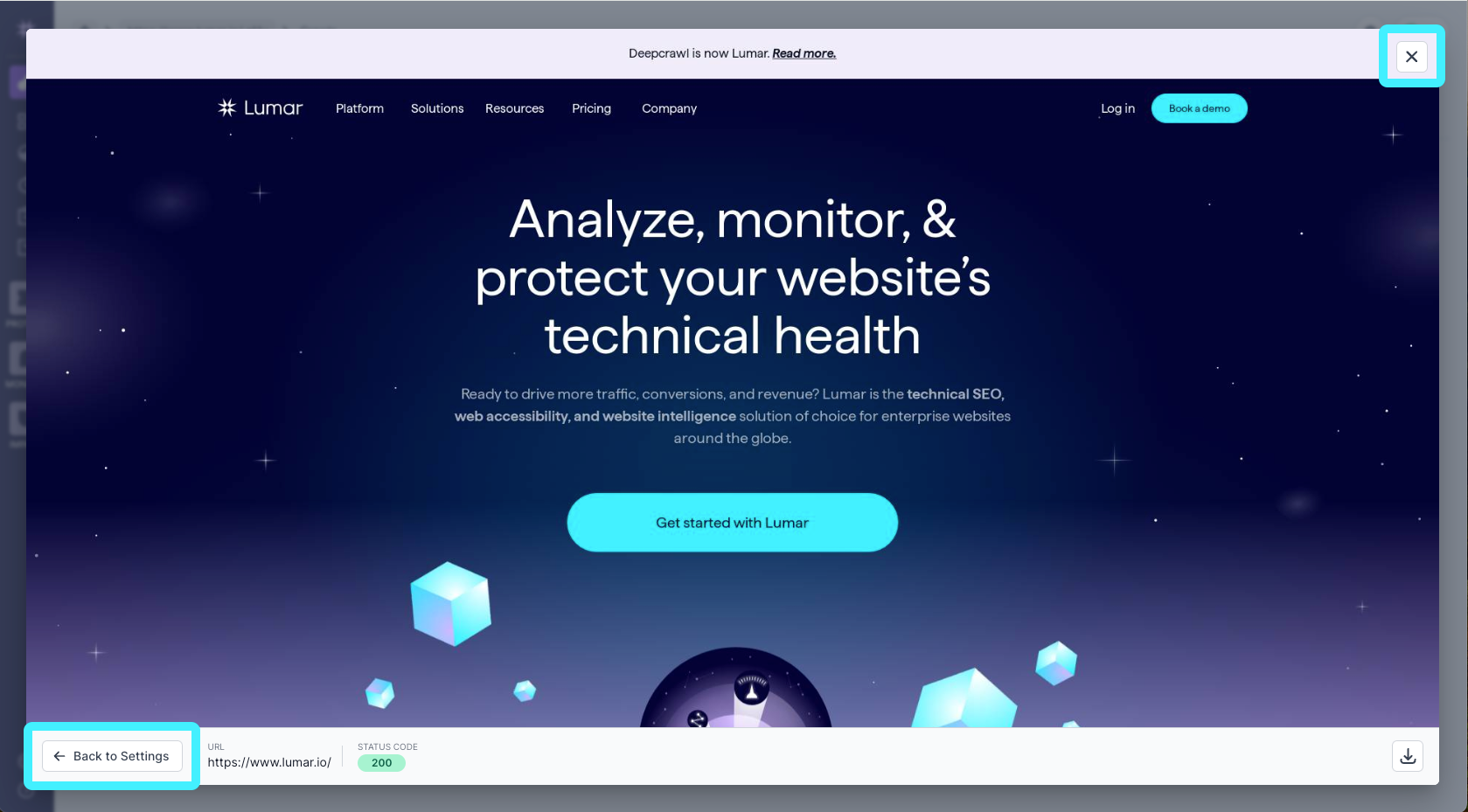 Screenshot of the project setup preview result with the back to settings and cross to exit highlighted.