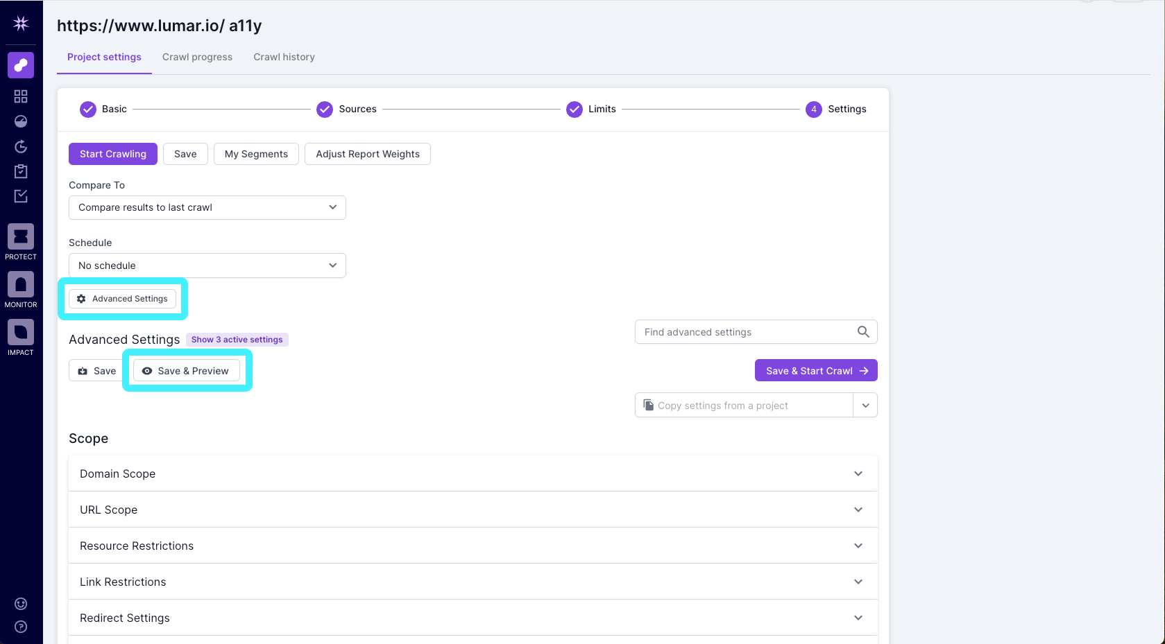 Screenshot of step 4 of the Lumar crawl setup process, with the advanced settings toggle and save and preview options highlighted.
