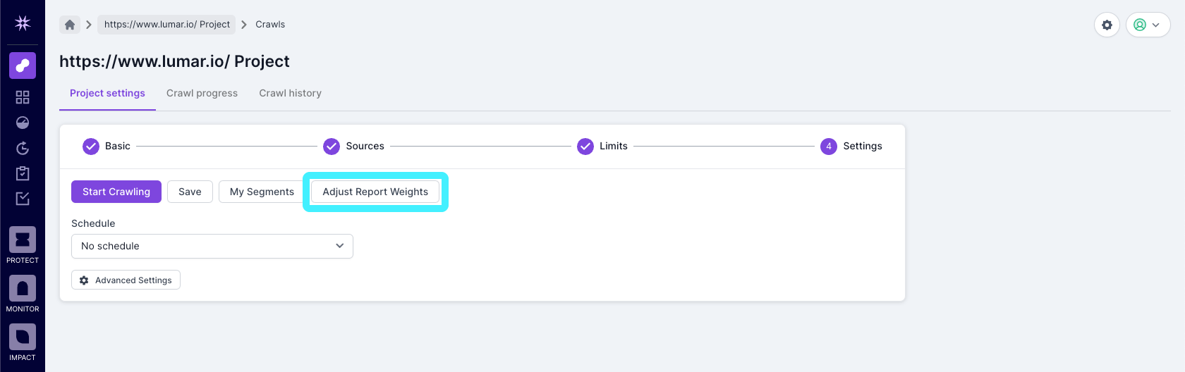 Screenshot of Step 4 of the Lumar crawl setup process with the Adjust Report Weights button highlighted.