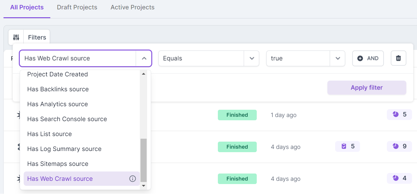 Screenshot of Lumar Analyze all projects view with the filter option opened to show the ability to filter by crawl source.