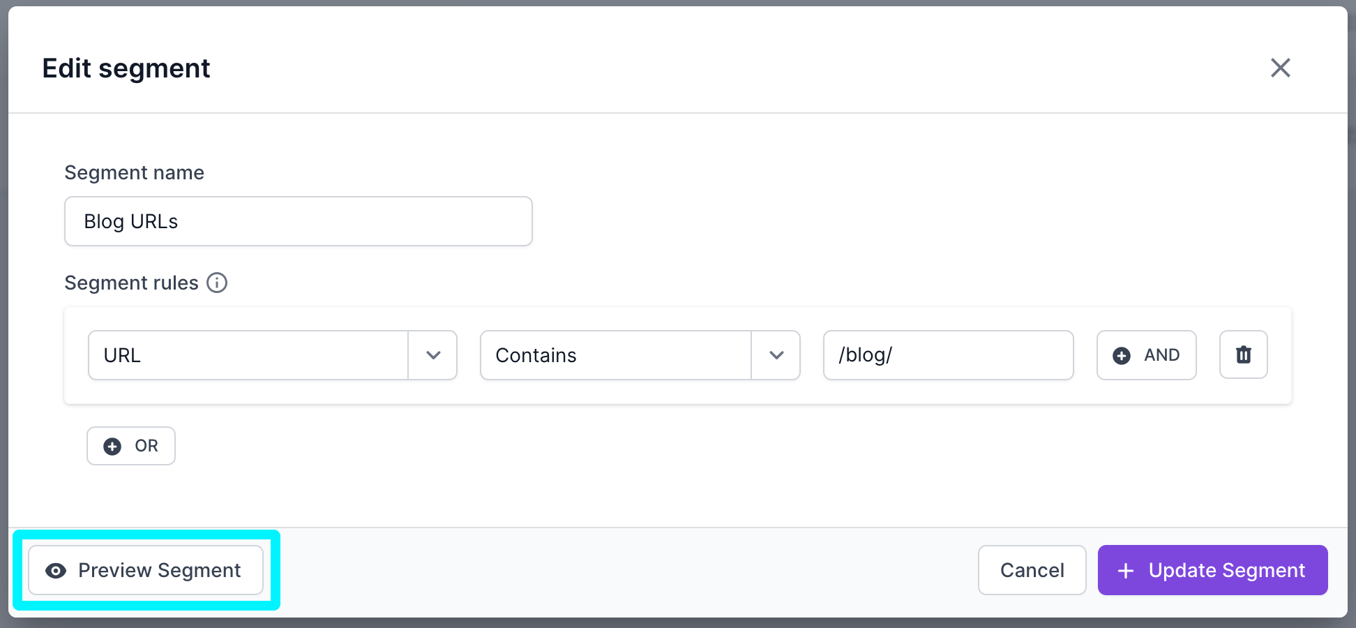 Screenshot of the Lumar Analyze edit segment modal with the preview segment button highlighted.