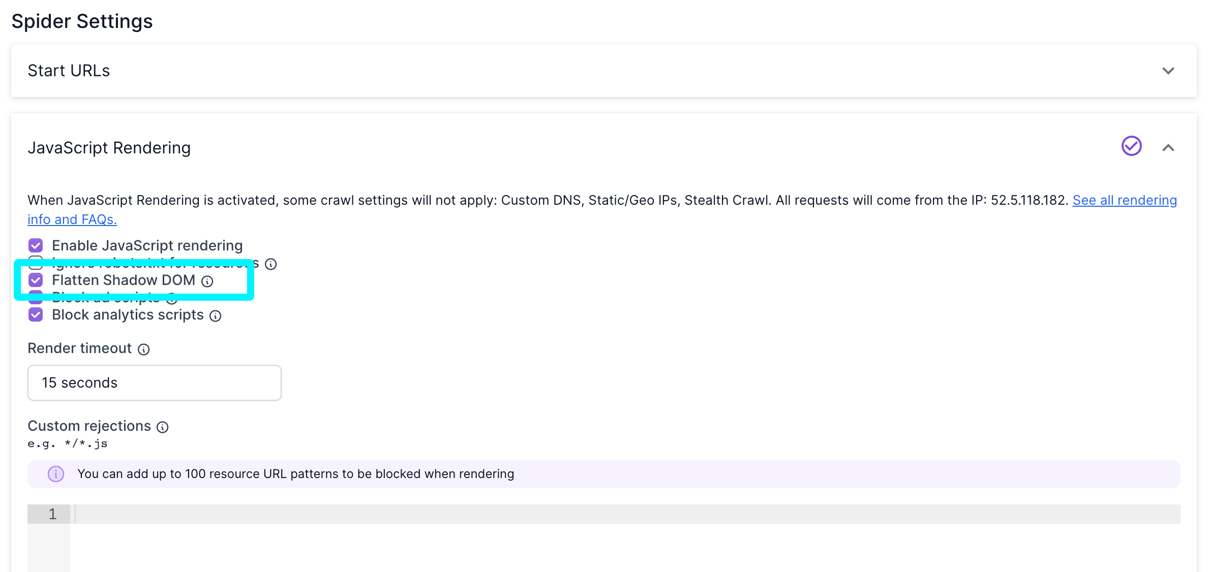 Screenshot of the JavaScript Rendering options in Advanced Settings in step 4 of the Lumar crawl setup, with the Flatten Shadow DOM option highlighted.
