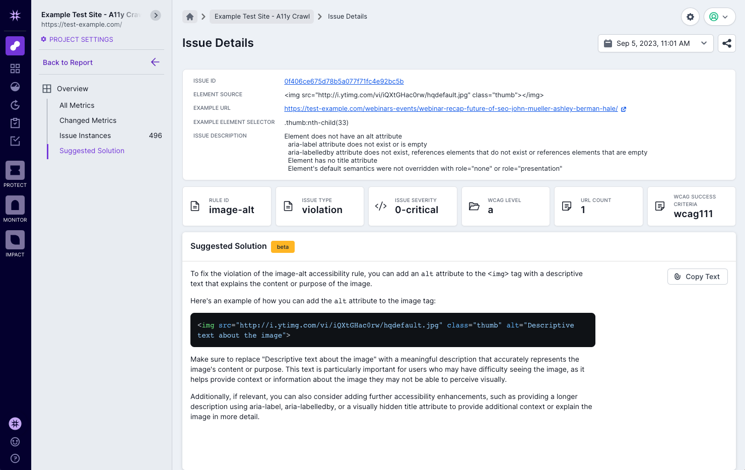 Screenshot of Lumar Analyze showing an AI-generated suggested solution for missing image alt tag, in the issue details page.