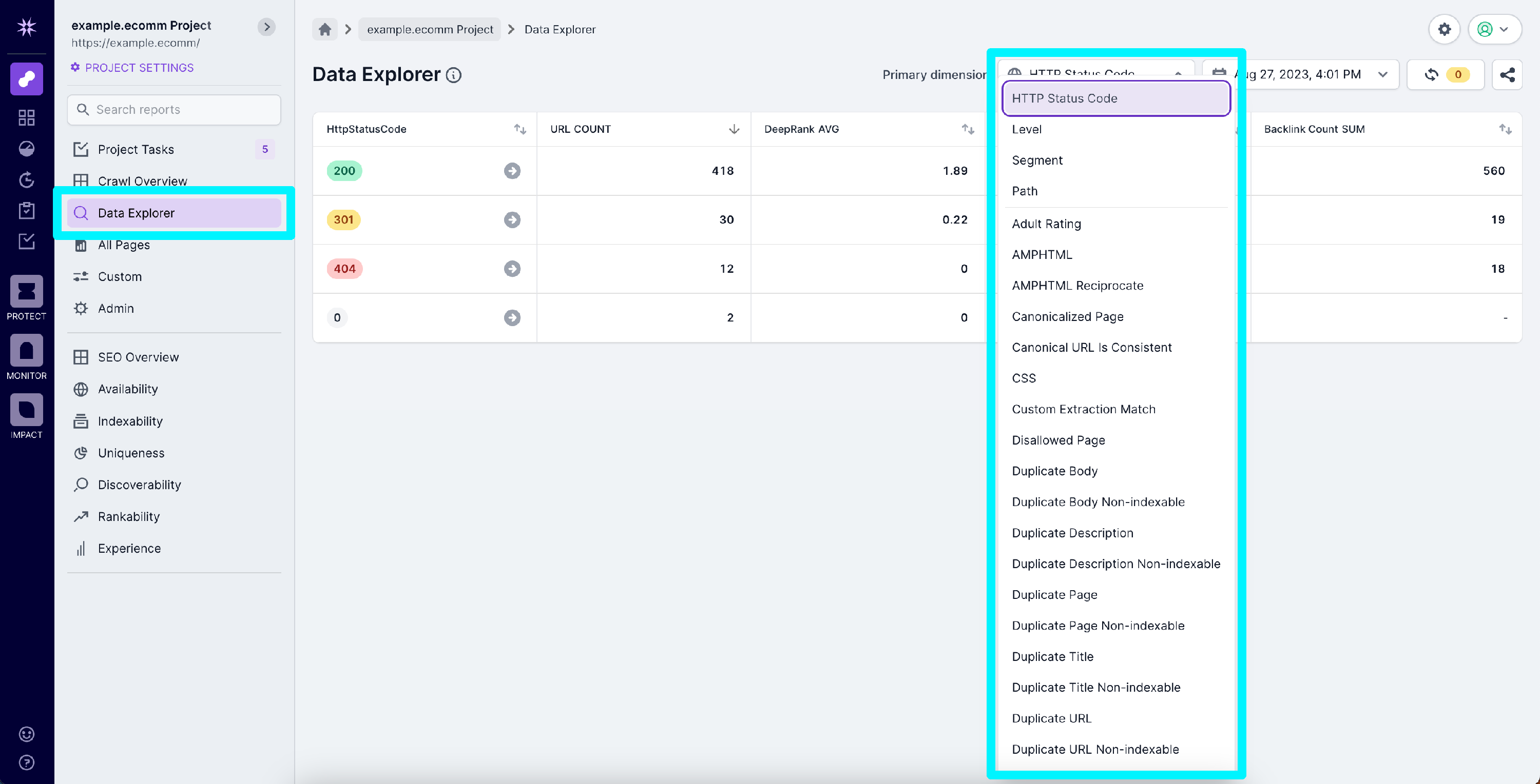 Screenshot of Analyze Data Explorer with the various dimensions highlighted.