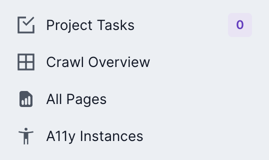 Screenshot of the top part of the left navigation for accessibility projects, showing Project Tasks at the top, then Crawl Overview, All Pages and finally A11y Instances.