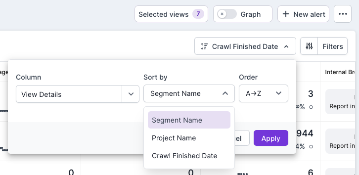 Screenshot of Lumar Monitor dashboard, zoomed in on the sort option and showing the ability to sort by segment name, project name or crawl finished date.