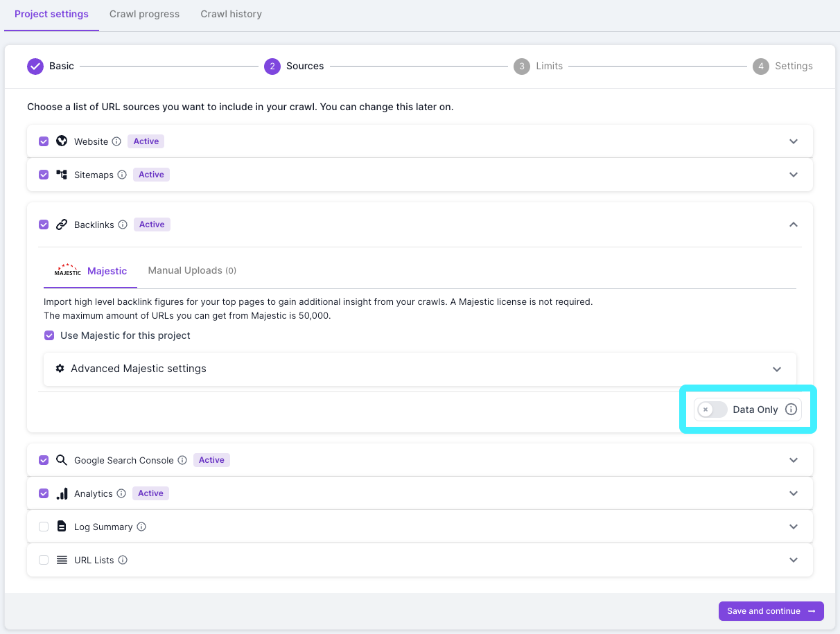 Screenshot of step 1 of the crawl setup in Lumar Analyze, showing the backlinks source selected and opened, and the toggle for data only crawls highlighted.