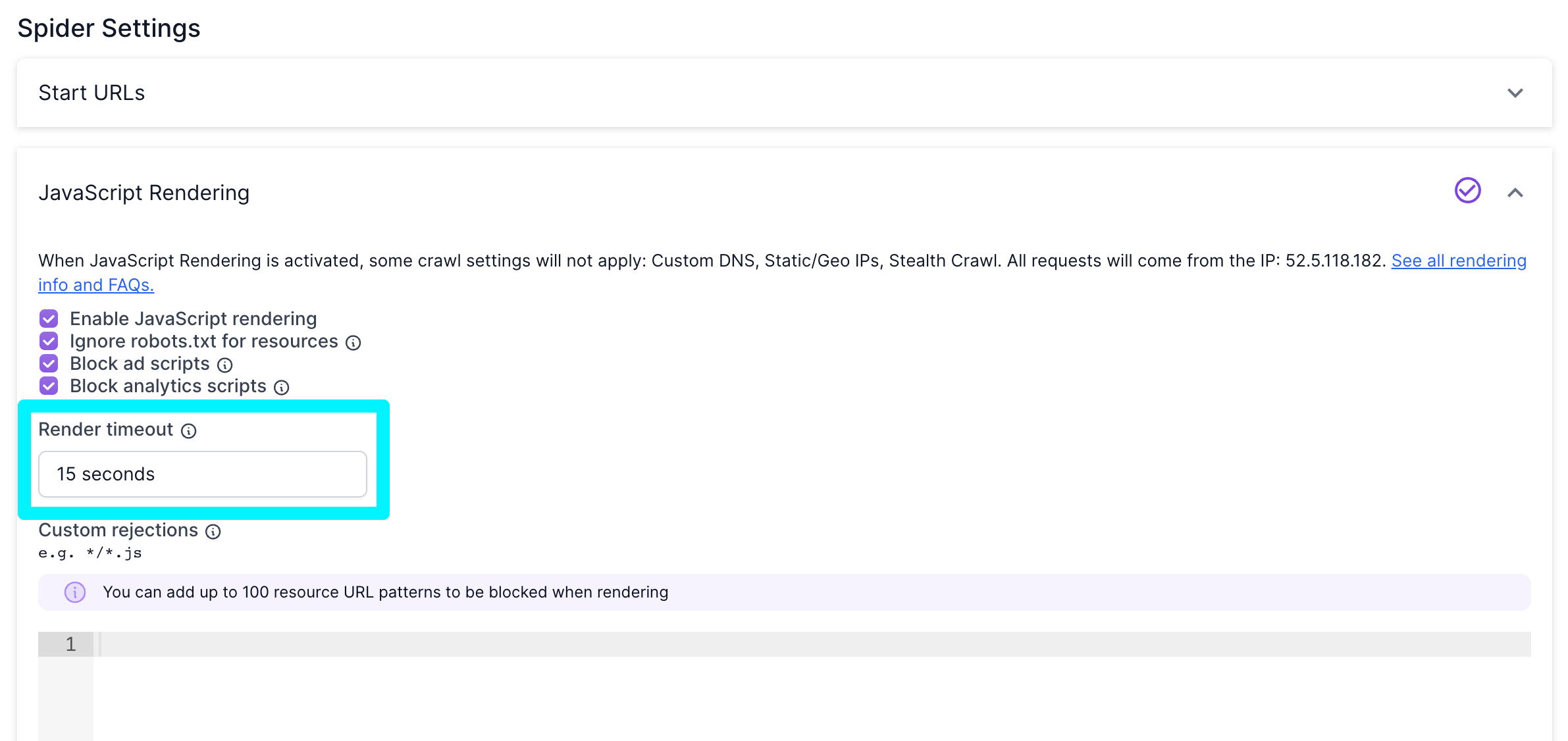 Screenshot of step 4 of the crawl setup in Lumar Analyze, showing the JavaScript Rendering section, with the render timeout option highlighted.