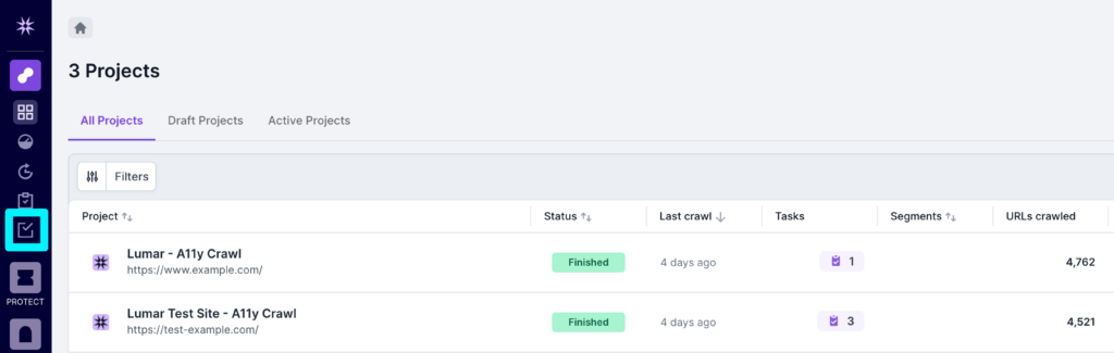 Screenshot of the account tasks icon in the left-hand navigation of Lumar Analyze