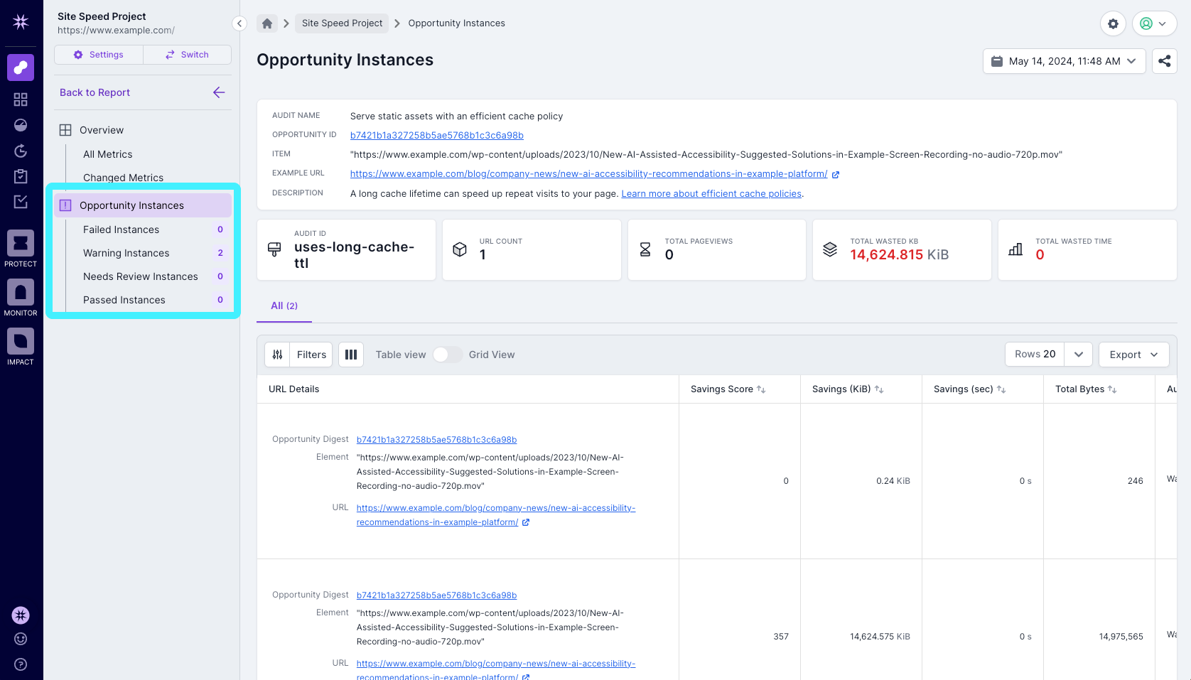 Screenshot of Lumar's Opportunity Instances page, with the option to focus on failed and passed instances, and those that are showing warnings or need review.