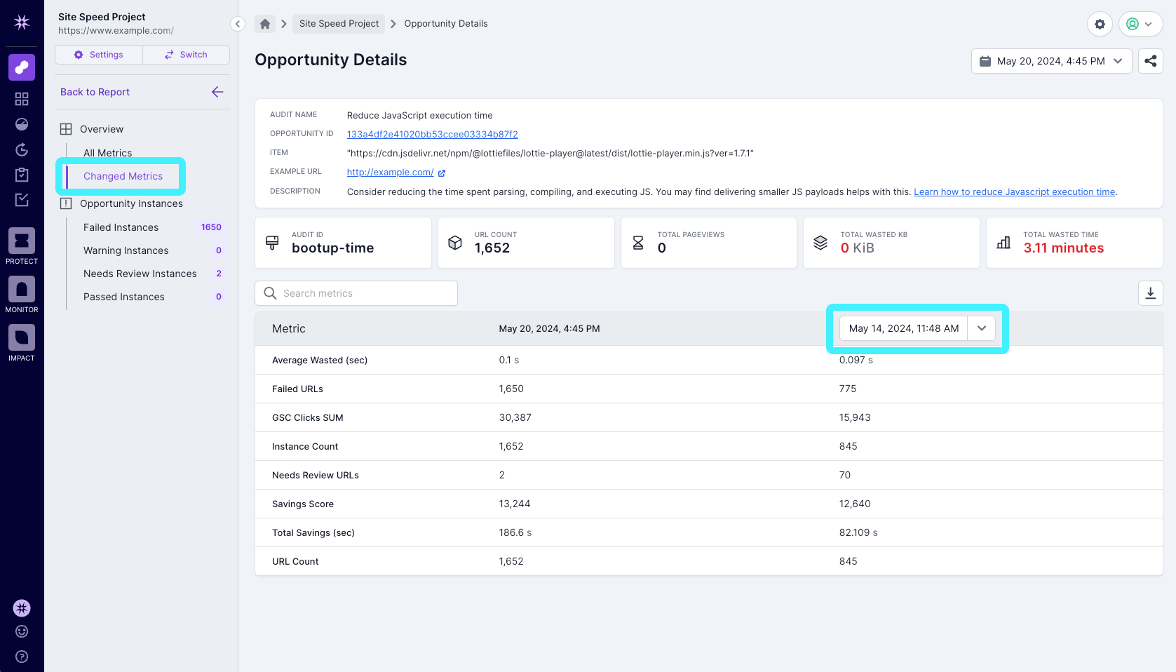 Screenshot of Lumar's Opportunity Details page for Site Speed, showing metrics that have changed from the most recent crawl to previous crawls.