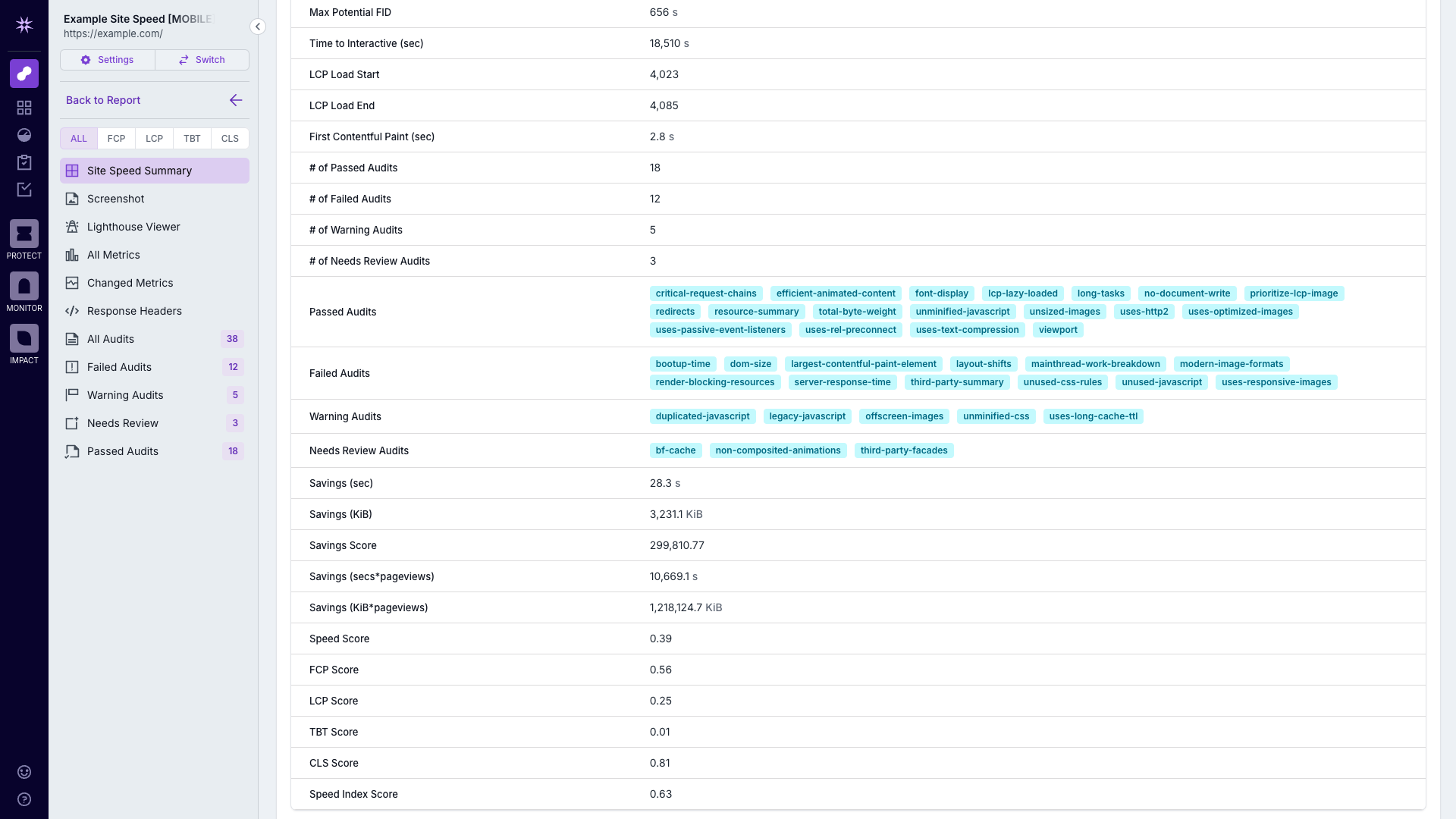 Screenshot of further down the Example Analyze Page Details Site Speed Summary, showing the overall score and individual metrics directly from Lighthouse, and specifically the time and size saving opportunities for the page.