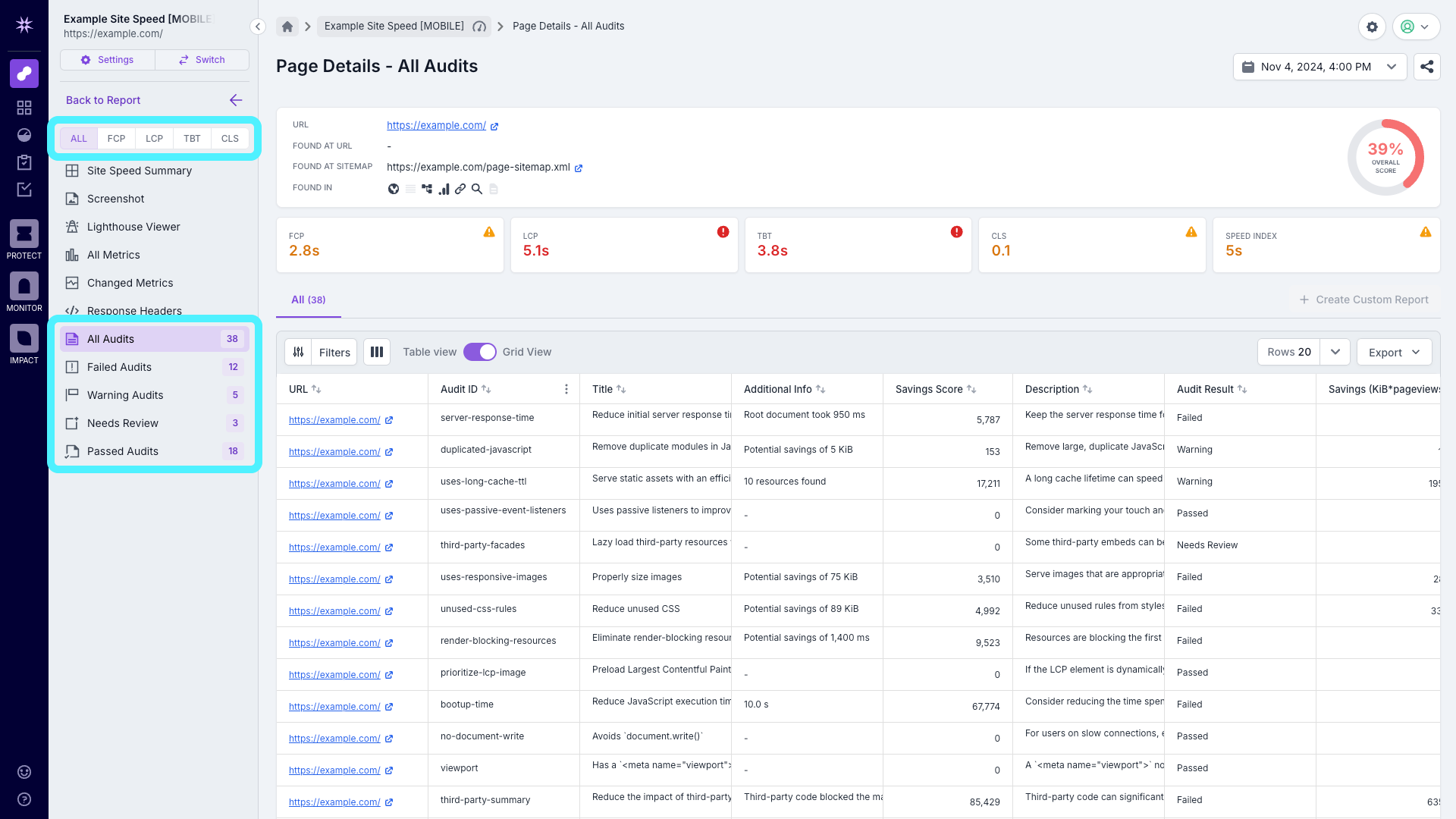 Screenshot of the Example Analyze Site Speed page details view, showing the ability to focus in on passes and fails, and those needing review or giving warnings.