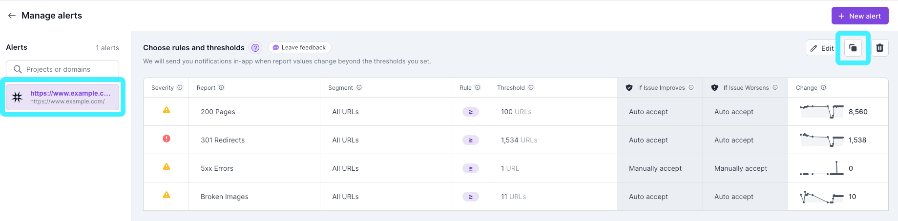 Screenshot of the Lumar Monitor manage alerts screen with a project highlighted in the left navigation, and the copy alerts highlighted.