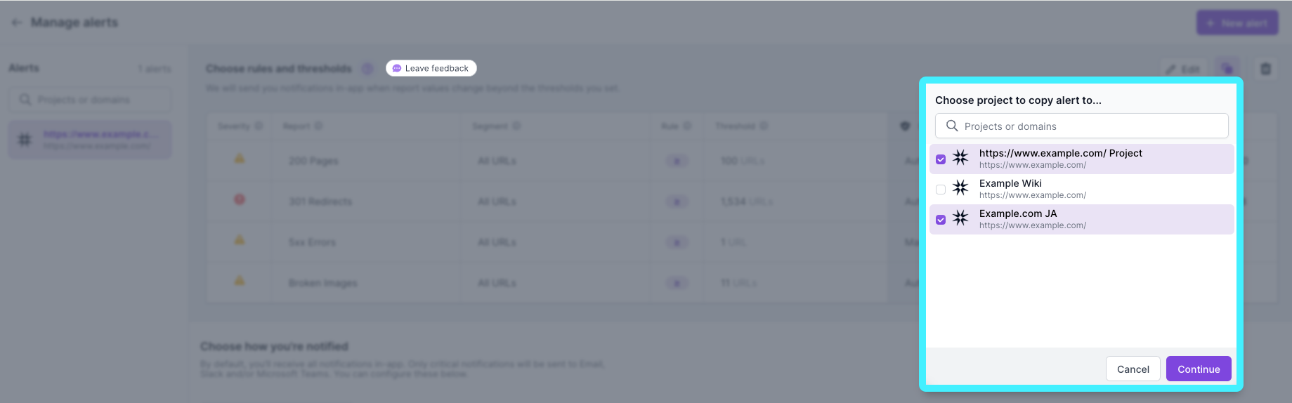Screenshot of the Monitor copy alerts screen, showing two projects with checkboxes marked, indicating that the alerts will be copied to these projects.