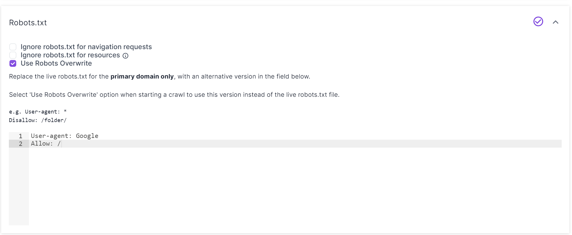 Screenshot of the Robots.txt settings available in advanced project settings in step 4 of the crawl setup.
