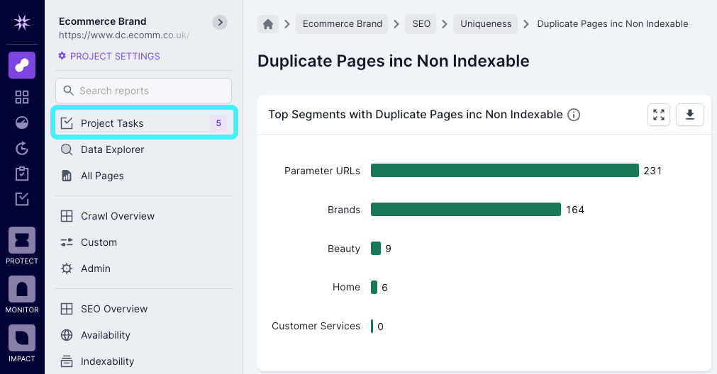 Screenshot of a section of a Lumar Analyze report with the Project Tasks option in the left-hand navigation highlighted.