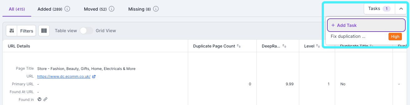 Screenshot of the top of a report in Lumar Analyze with the add task option highlighted.