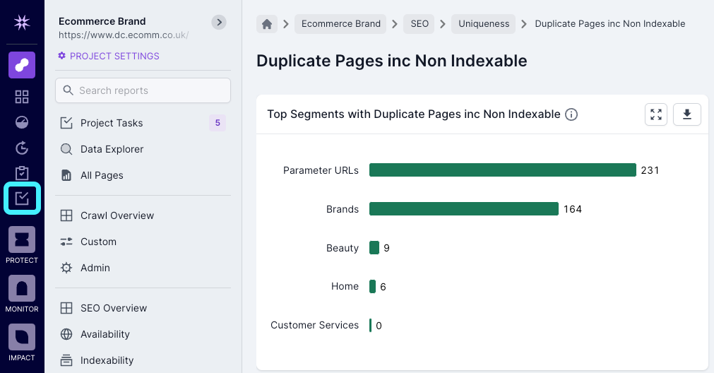 Screenshot of a section of a Lumar Analyze report with the Account Tasks opsin in the left-hand navigation highlighted.