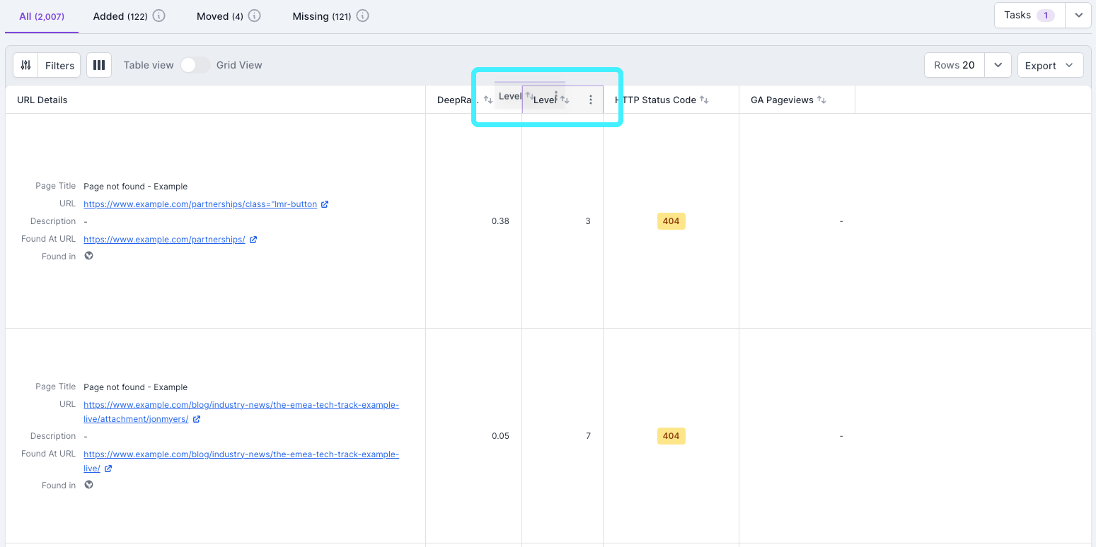 Screenshot of a Lumar Analyze Report where a column is being dragged and dropped into a new position.