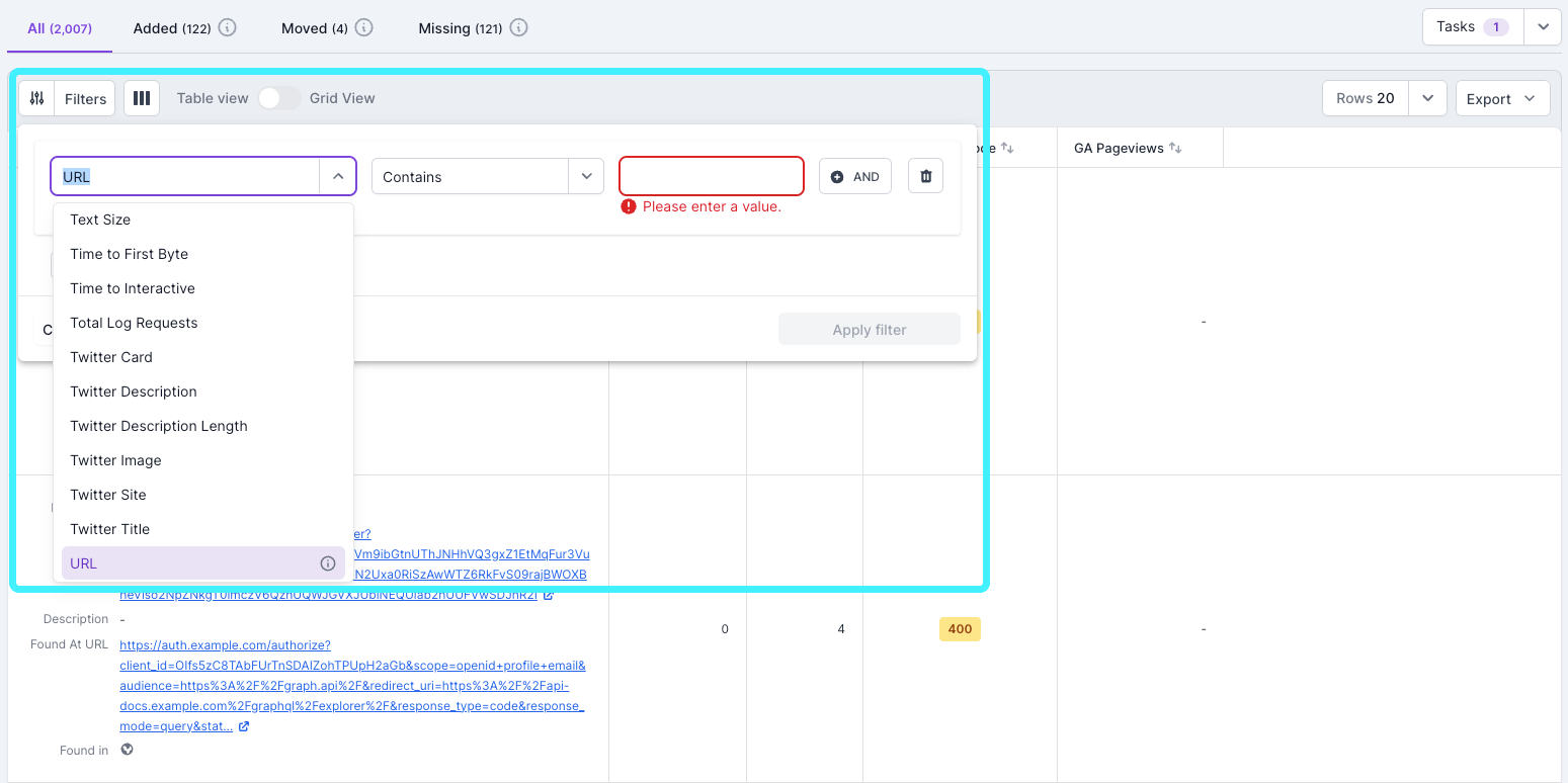 Screenshot of a Lumar Analyze report with the filtering options visible and highlighted.
