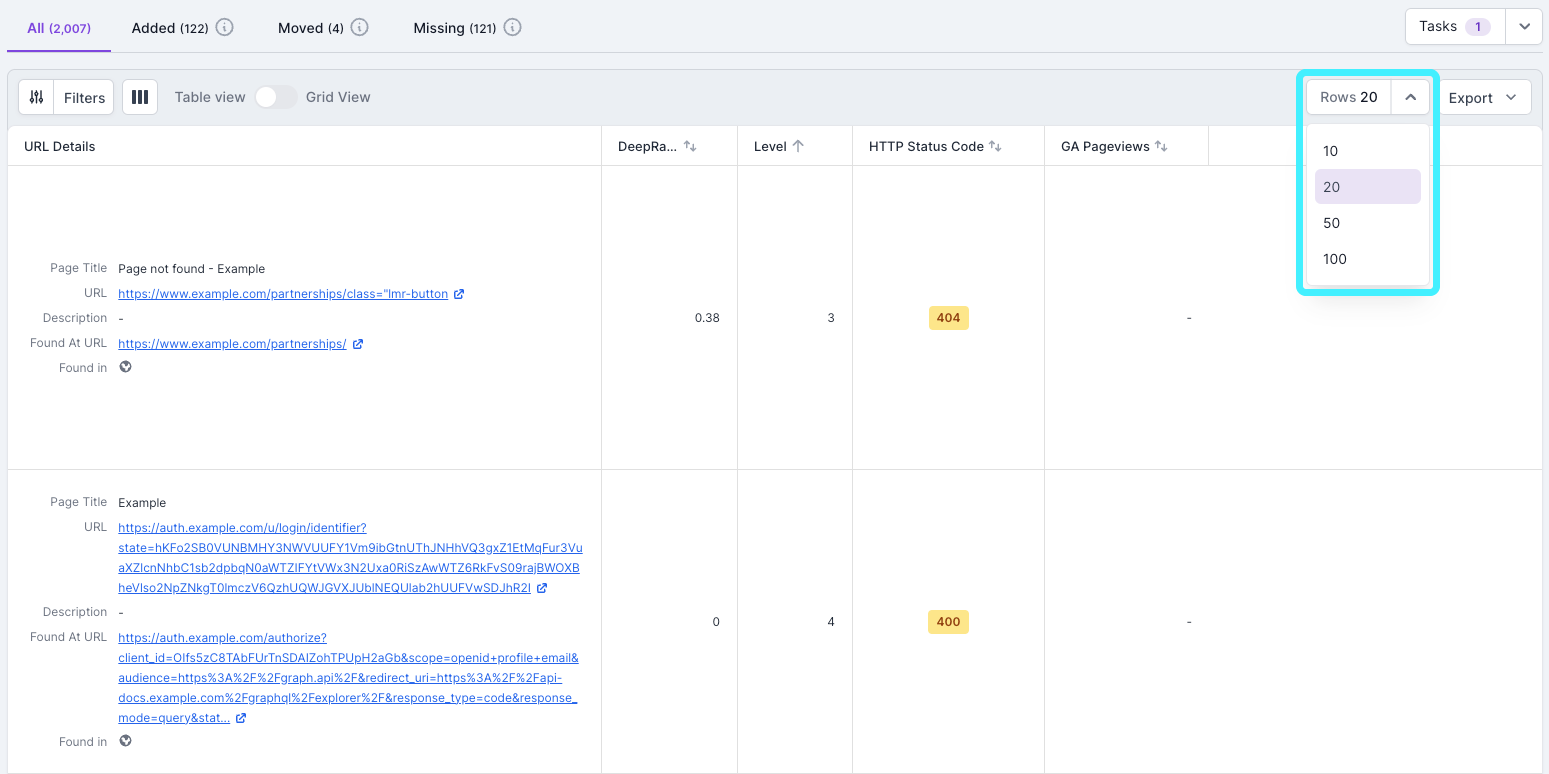 Screenshot of a Lumar Analyze report with the option to increase the number of rows visible and highlighted.