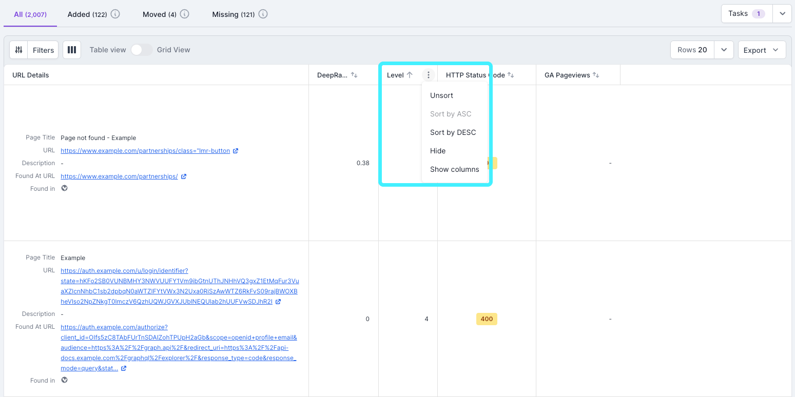 Screenshot of a Lumar Analyze report with the sorting options shown and highlighted.