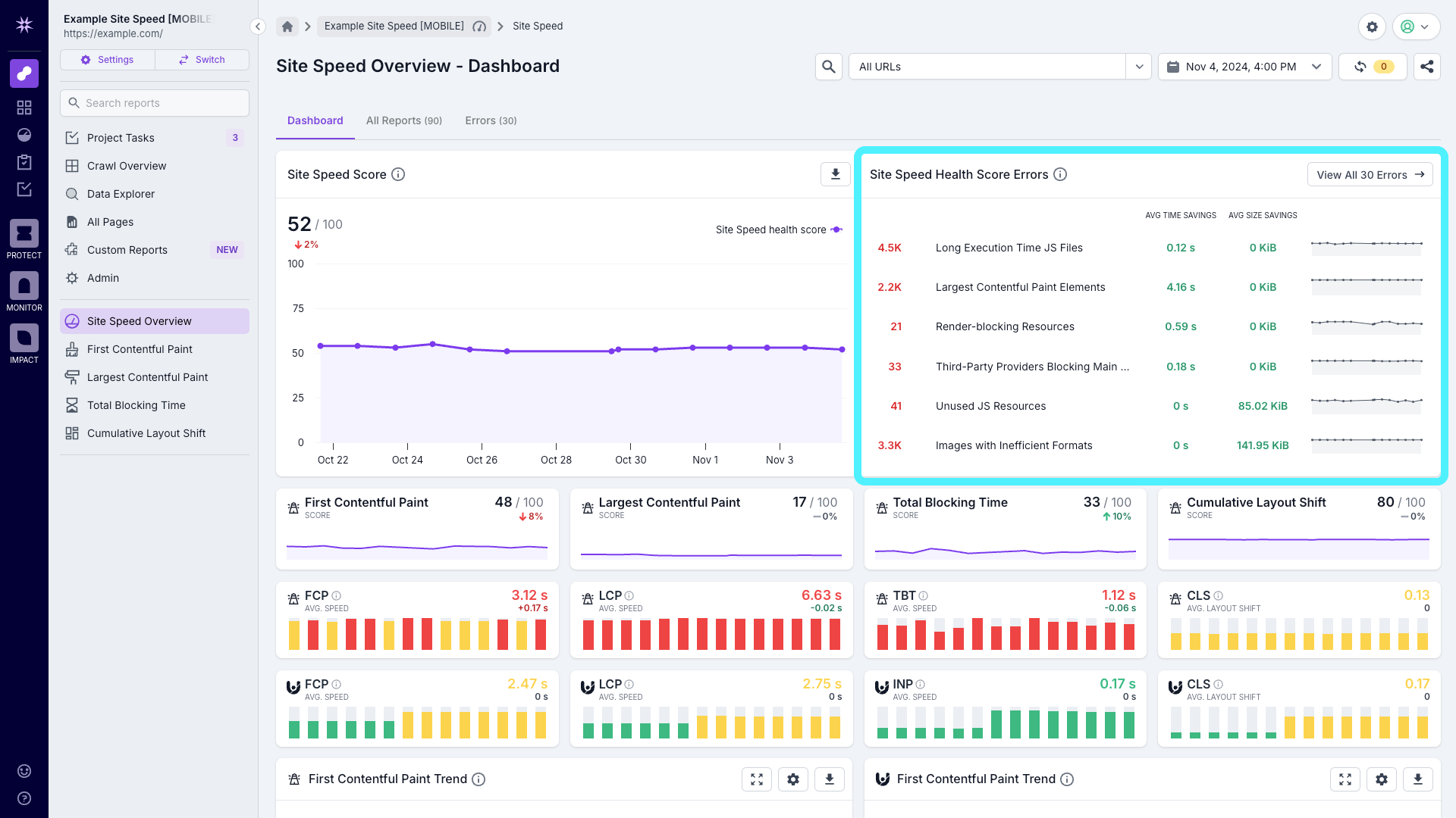 Screenshot of the Lumar Analyze Site Speed overview dashboard with the top errors highlighted.