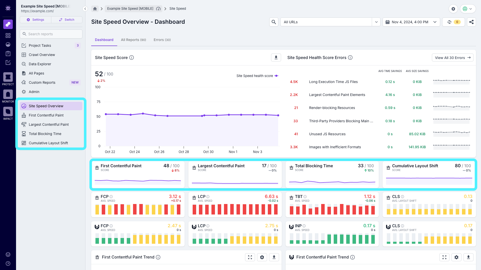 Screenshot of the Lumar Analyze overview dashboard, with the options to drill down into categories highlighted on the left-hand side, and via the health scores in the main screen.