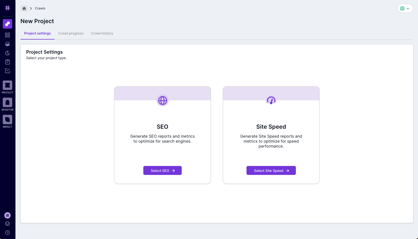 Screenshot of the Lumar project setup screen with the option to choose between an SEO or a Site Speed project.