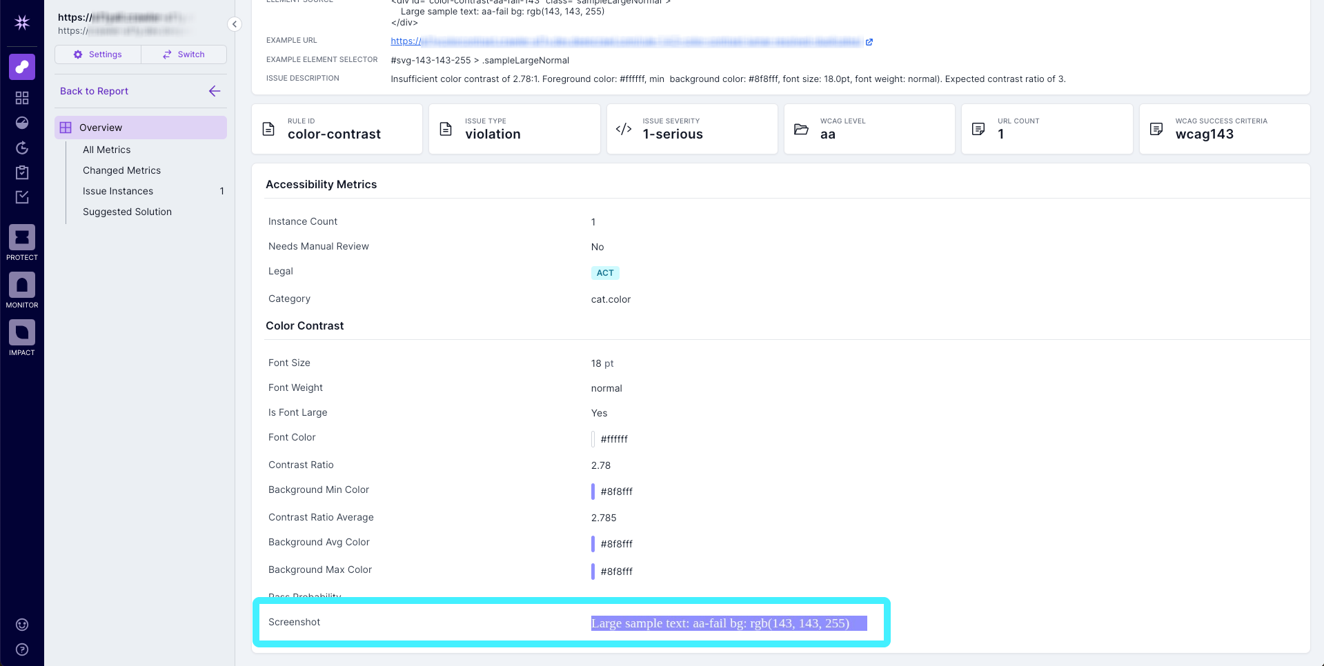 Screenshot of the Lumar Issues Detail page with a sample screenshot of light grey text on a lilac background highlighted.