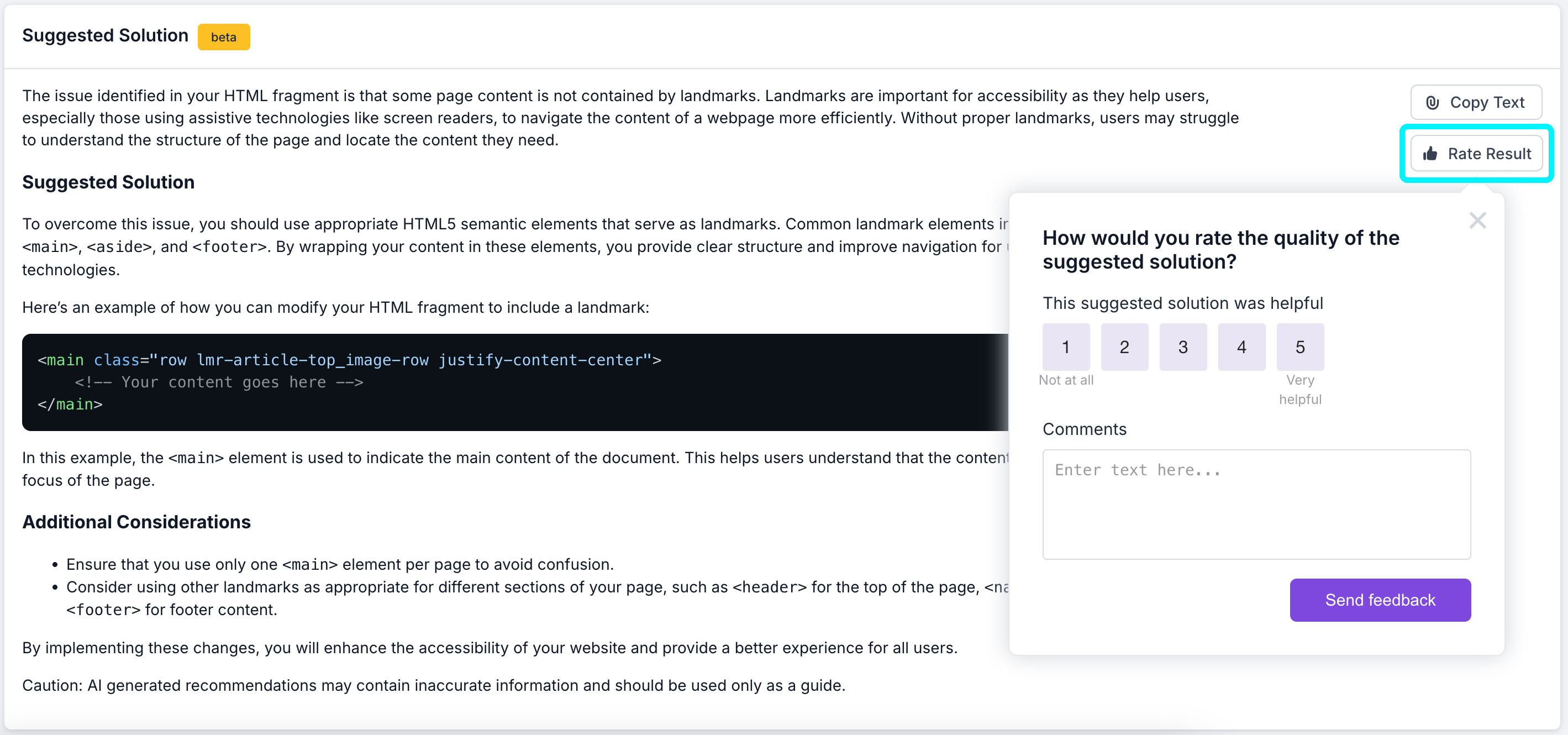 Screenshot of Lumar's AI-Suggested Solutions for Accessibility, showing an AI-generated suggestion, the Rate Result button highlighted, and the option to choose the quality of the suggested solution (1-5) and add comments visible.
