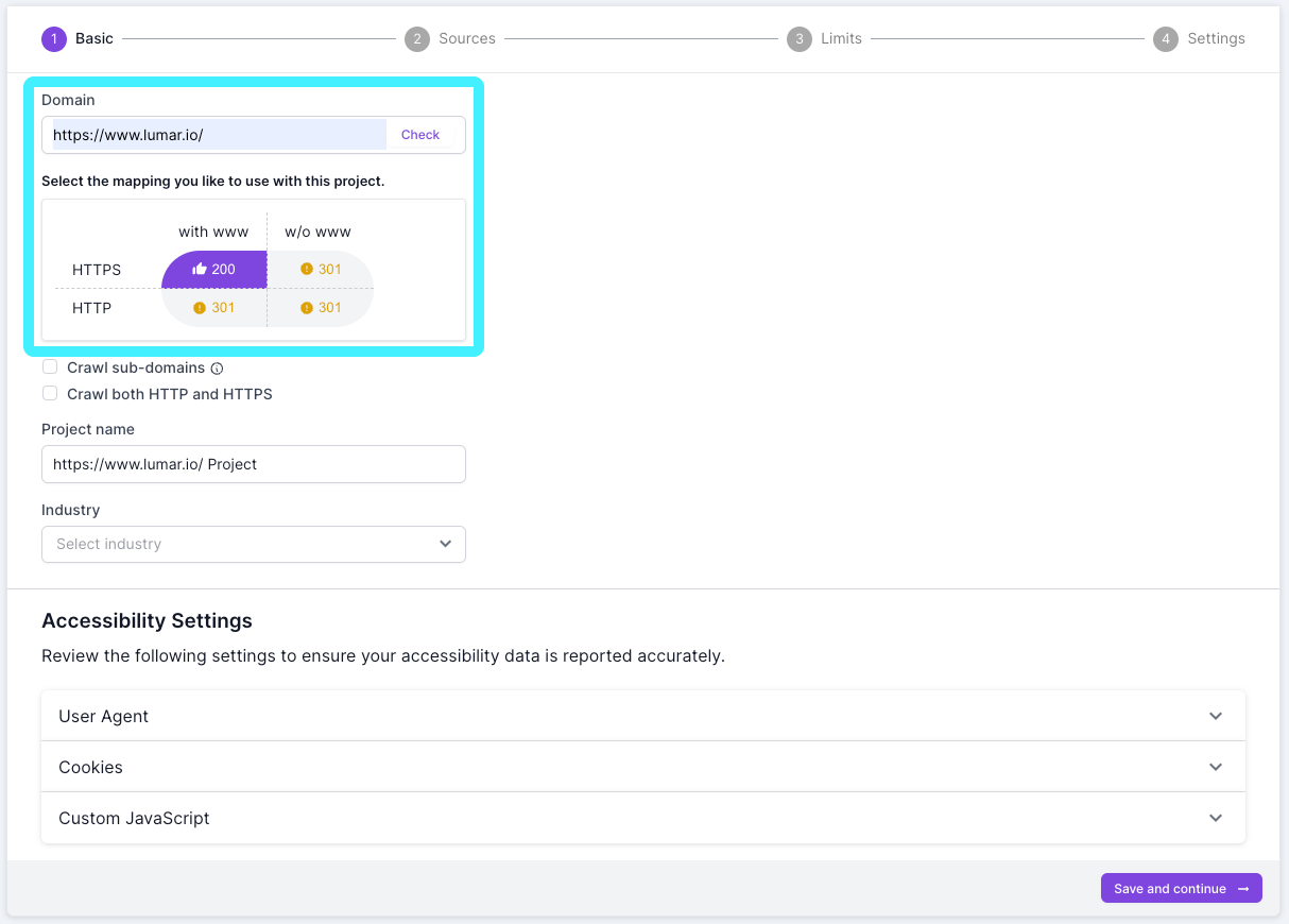 Screenshot of step 1 of the crawl setup process, with the domain section highlighted, showing the Lumar website domain and a purple thumbs-up for https with www.