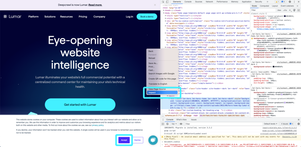 Screenshot of the Lumar website in Chrome with the developer tools open, as well as the right-click option to Inspect the page.
